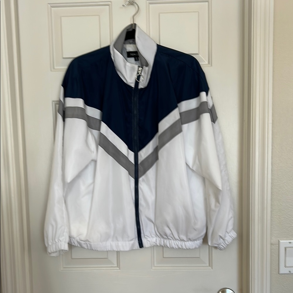 New Look White & Blue Chevron Zip Utility Jacket Sz 1X